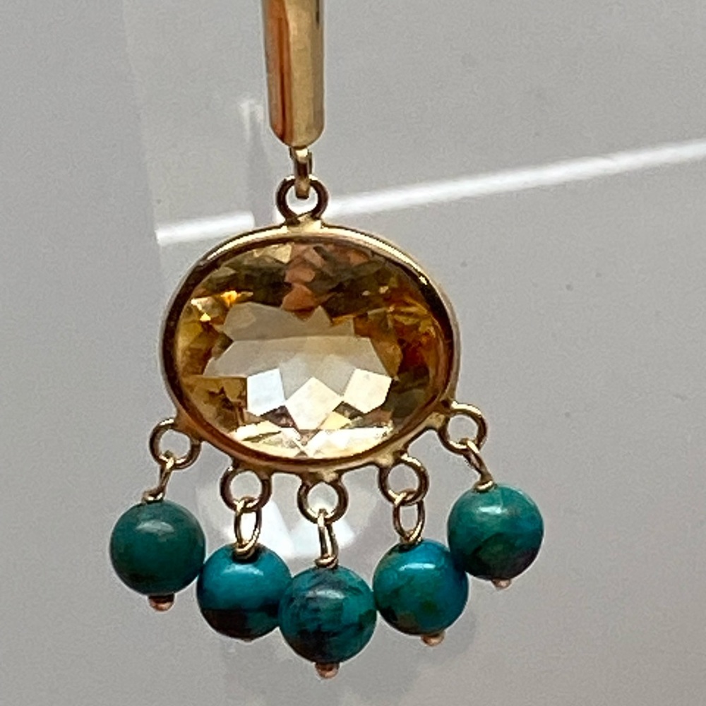 14K Yellow Gold Bezel Citrine and Turquoise Bead Dangle Leverback Earrings - Picture 2 of 15
